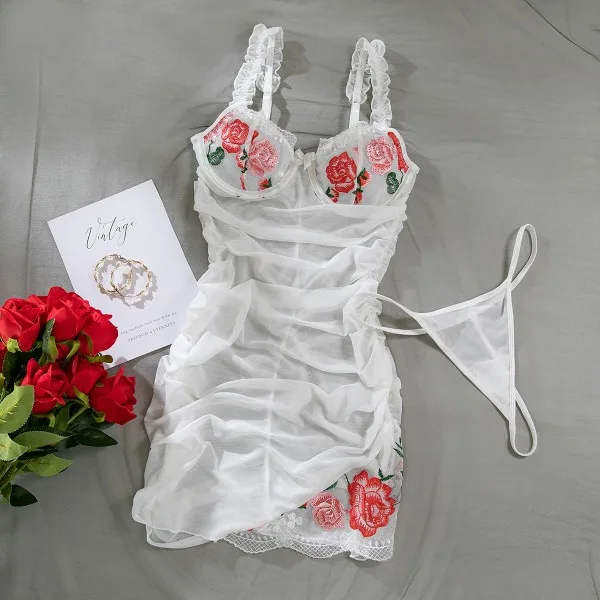 Bloemen Nachtjurk Dames Zomer 2025, Lingerie Nachtkleding voor Slapen Ruches Zeer Sexy Nachtvrouw Nachtjapon Mesh Babydoll Jurken