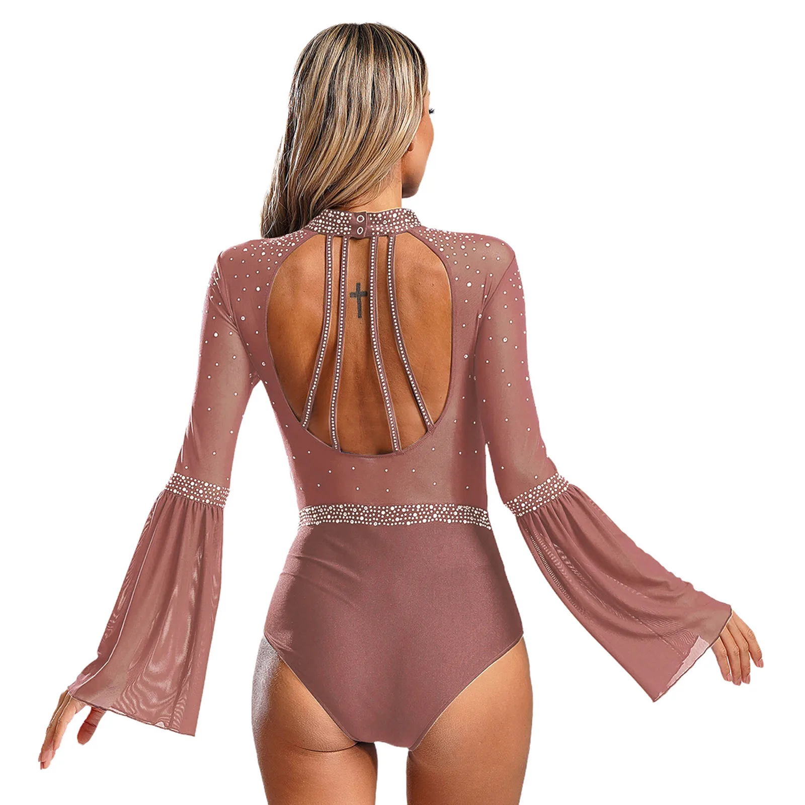 Damen Eiskunstlauf Rhythmische Gymnastik Performance Kostüm Flare Sleeve Sparkly Strass Ballett Tanz Trikot Tanzbekleidung – Detail 37