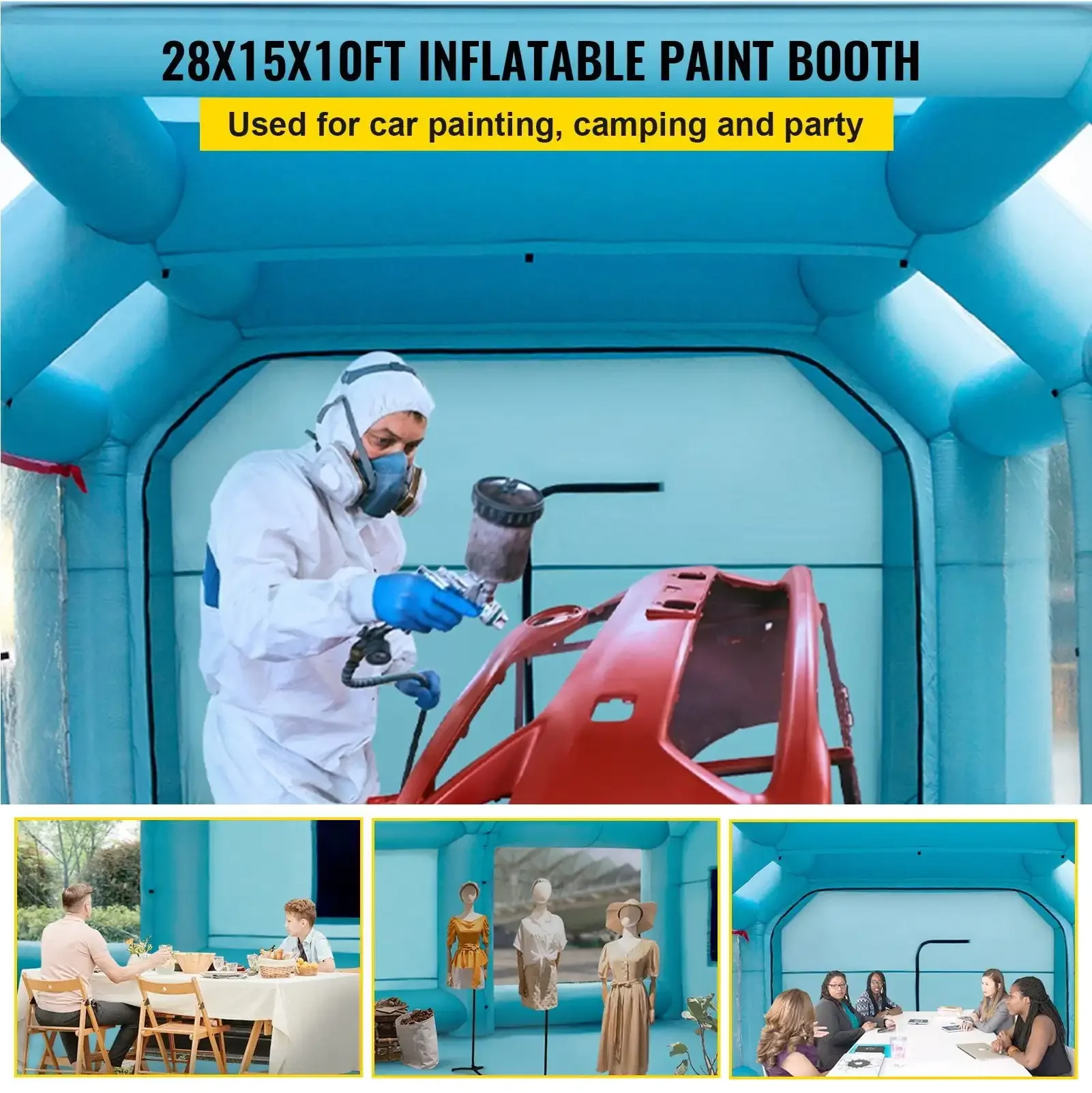 Cabina de pintura inflable portátil, cabina de pulverización inflable de 28x15x10 pies, tienda de pintura para coche con sistema de filtro de aire y 2 sopladores