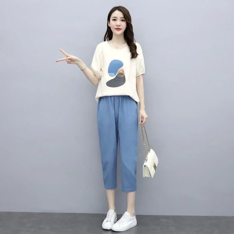 Women's Leisure Suit 2025 Summer New Round Collar Crop Top And Seven-point Pencil Pants Two Piece Set Fashion Plus Size Clothing