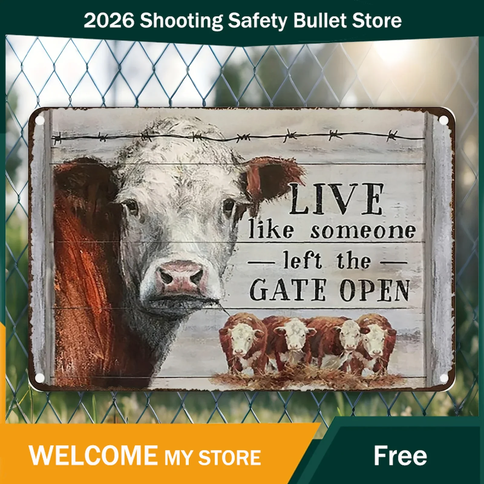 Pintura 2D em Metal, Placa de Metal Vintage 2D Plana, 1 unidade, com tema 'Viva como se alguém deixou a porta aberta' e 'Vaca de Hereford', Decoração de Parede Rústica para Casa
