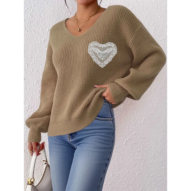 秋と冬のセーター レディース Vネックセーター レース象嵌 ブリックボウとインターフェースバッグ付きプルオーバートップ