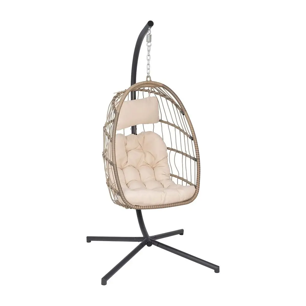

Cleo Indoor Outdoor Patio Hanging Egg Chair Natural Frame with Cream Seat Cushions Black Powder Coated CStyle Stand Hanging Har