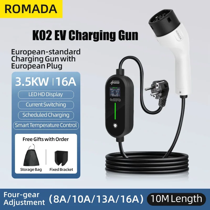 ROMADA 16A New Energy K02 European Standard Charging Cable and Adapter for BYD Electric Vehicles—Portable In-Car Charger 3.5KW