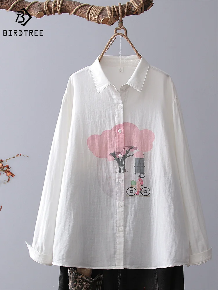 New Autumn Cotton Yarn Shirts Women Turn-down Collar Tops Girl Long Sleeve Hand Drawn Print Casual Loose Blouses Spring T30326QM