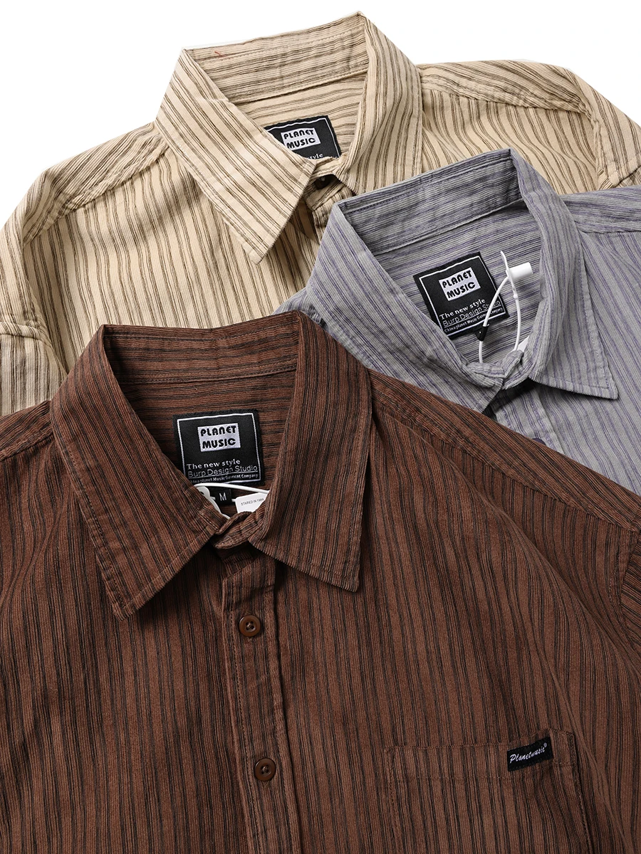 

Loose Fit Vintage Washed Pure Cotton Short Sleeve Striped Workwear Shirt Casual Loose Half Sleeve Summer Youth Fashion