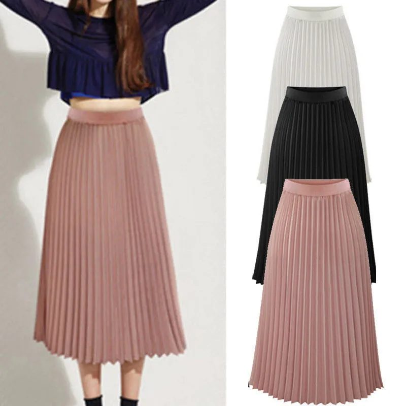 Elegant Long Skirts Womens Solid Pleated Elegant Midi Elastic Waist Maxi Skirt Korean Fashion Midi Skirt Jupe Longue Femme