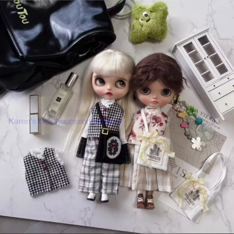 4pcs autumn shirt+plaid pants (or plaid skirt) +vest +small bag for landoudou/Blythe(Fit for Lulu,ymy24,Ob22,24,26,zone, Jenny)