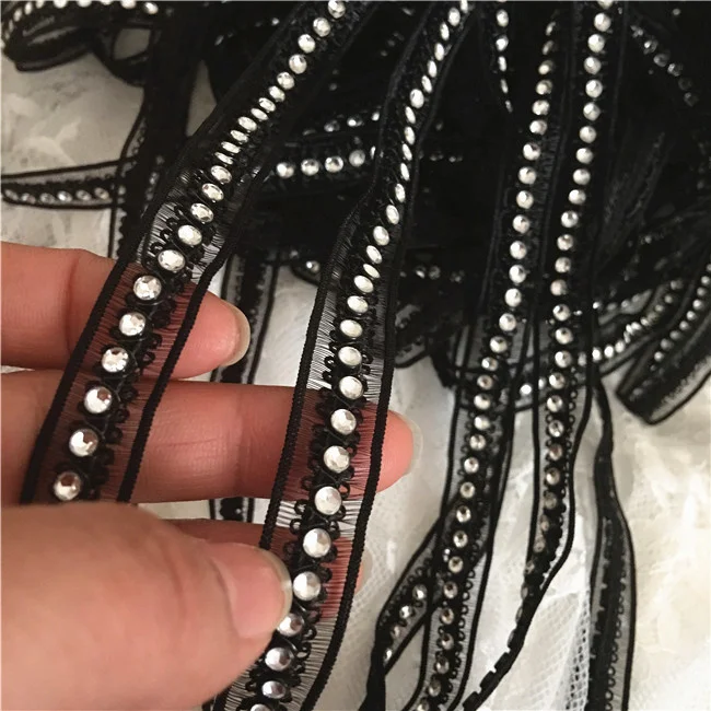 1.3CM Wide White Black Glitter Rhinestones Mesh Ribbon Beaded Fringe Lace Edging Trim Dress Collar Headwear Sewing Guipure Decor