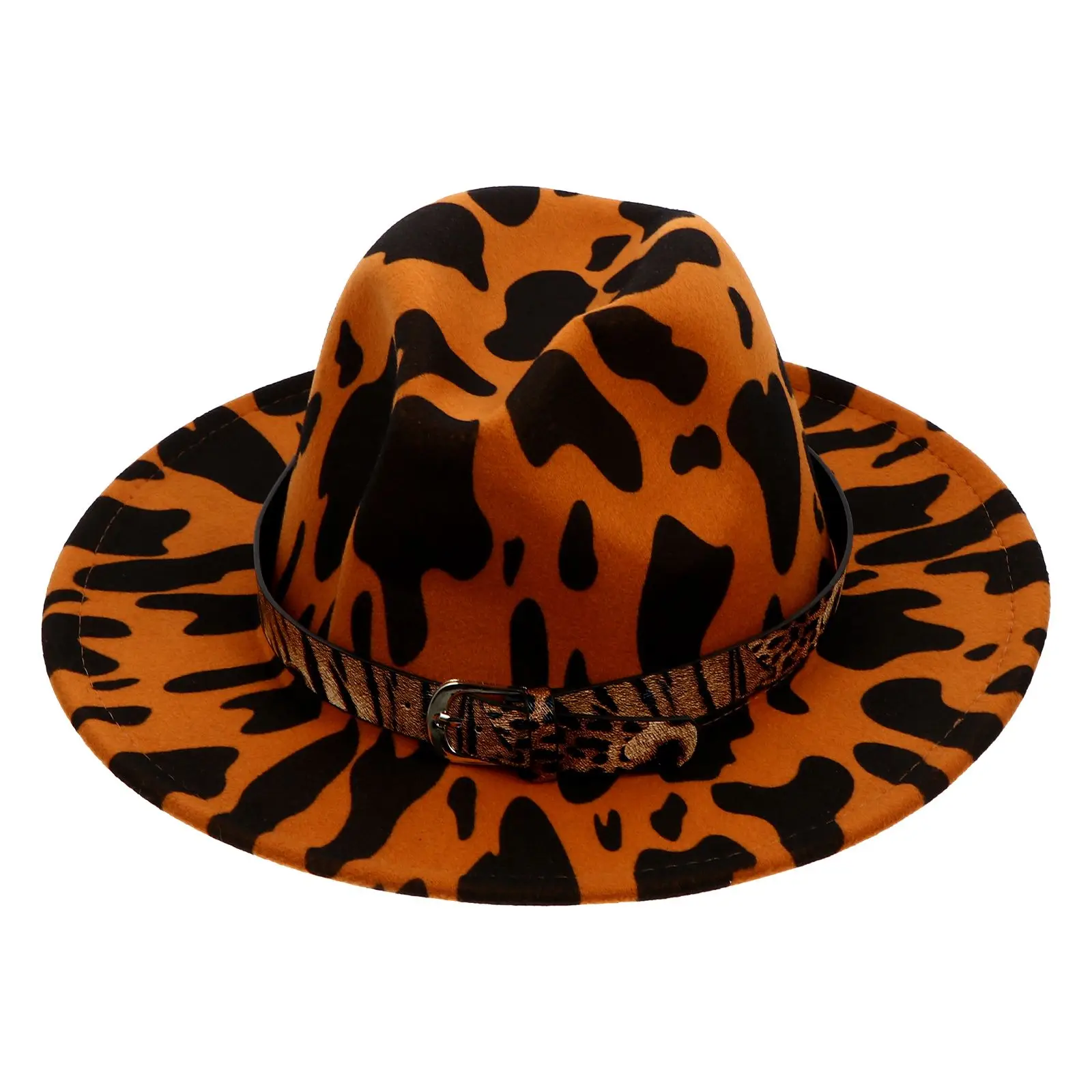 

Retro Hat Leopard Print Party Fedora Flat Cap Buckle Belt Decoration Jazz Cosplay Stage Show Vintage Windproof Breathable
