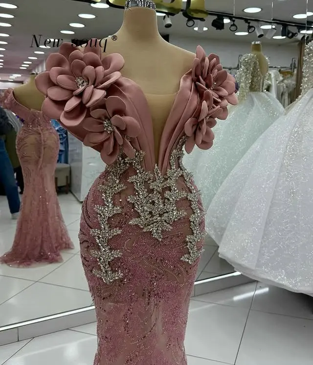 

Pastel Pink 3D Floral Off Shoulder Illusion V Neck Mermaid Evening Dresses with Crystals Customized Sparkle Long Prom Gowns 2026