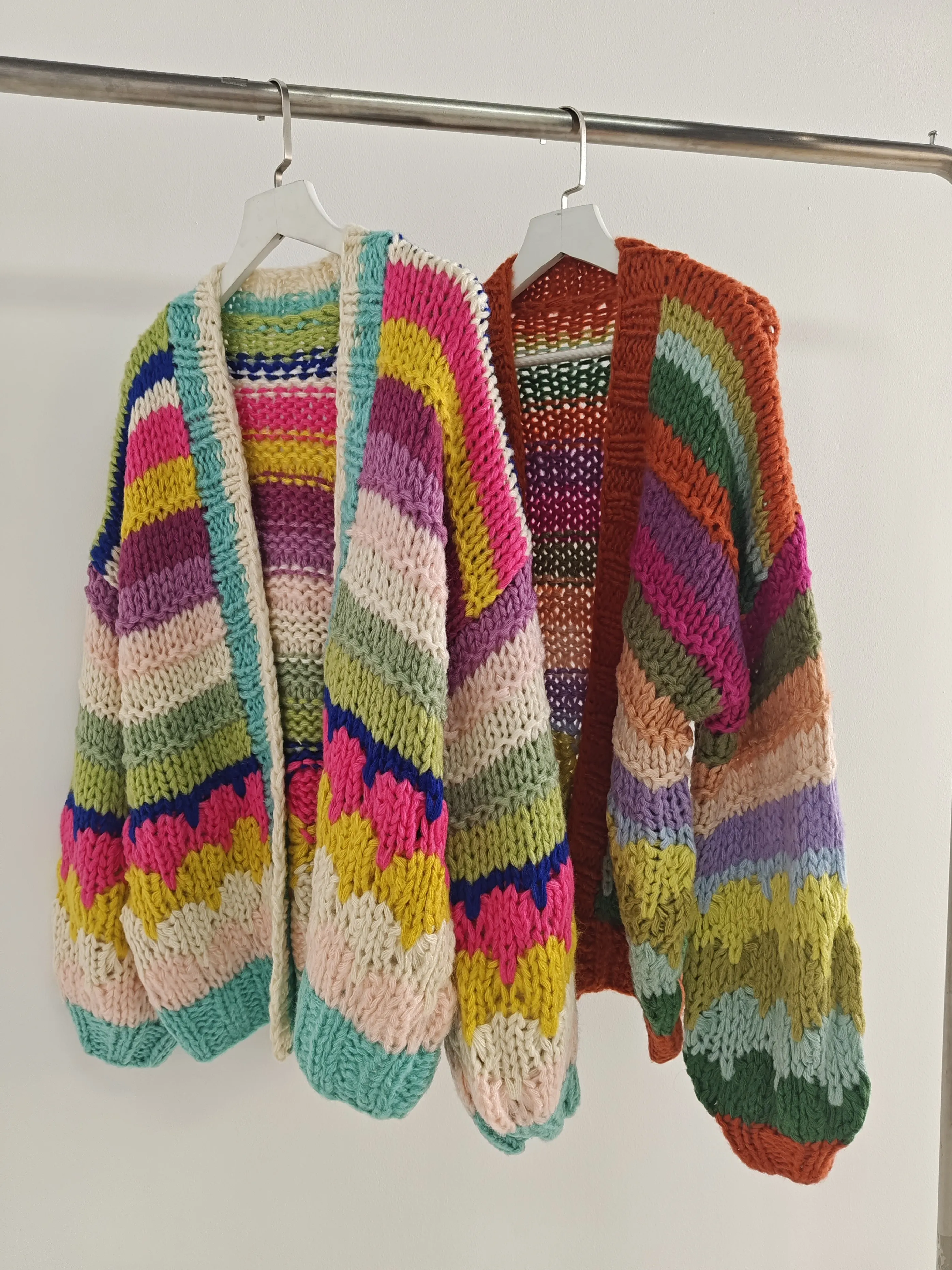 

2025 Autumn And Winter New Women's Sweater Colorful Hand-knitted Thick Needle Mid-length Cardigan With Loose Knitted Jacket