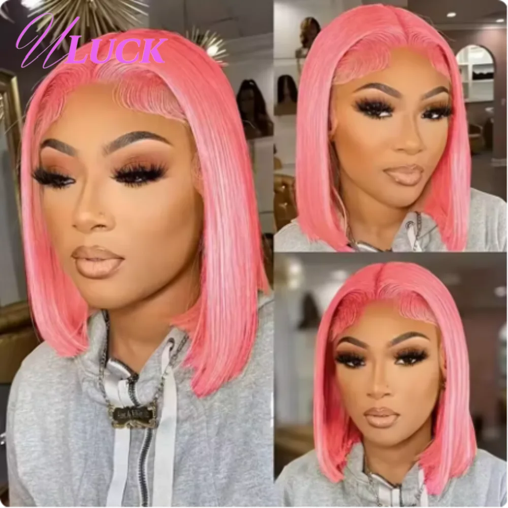 

Uluck Double Drawn Short Straight Bob Wigs Pink Colored Brazilian Human Hair Wigs 13x4 Lace Frontal Wigs Ready To Wear For Women