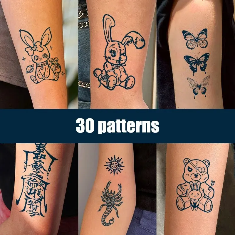 30pcs adesivi per tatuaggi a base di erbe semipermanenti per cartoni animati per adesivi per stampa a trasferimento d'acqua monouso impermeabili da donna