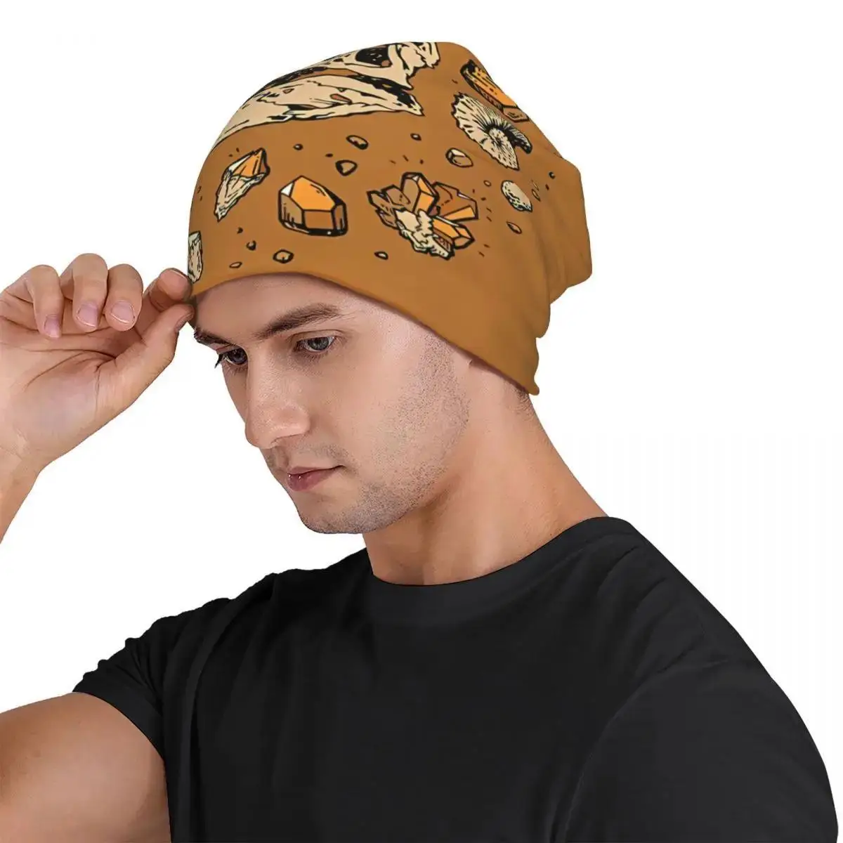 Men's Dinosaur Skull Fossil Beanie Hat Fashionable Brown Knit Cap with Prehistoric Design, Warm Stretchy Winter Skull Cap