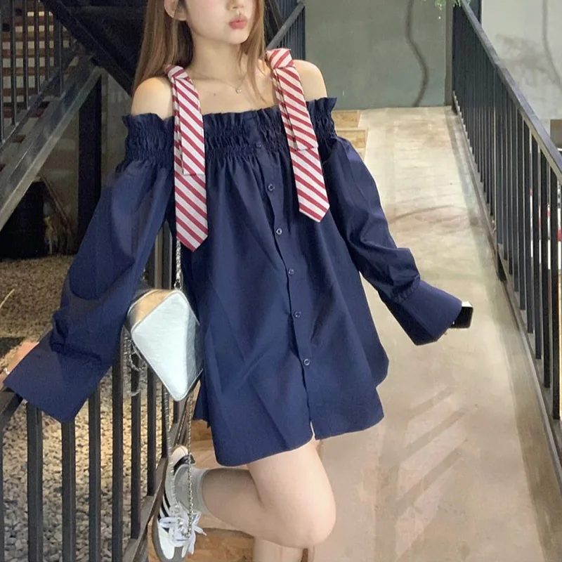 Summer Sweet Patchwork Solid Color Sling Long Sleeve Blouse Women Clothes Fashion Buttons Loose Mid Length Top All-match Shirts