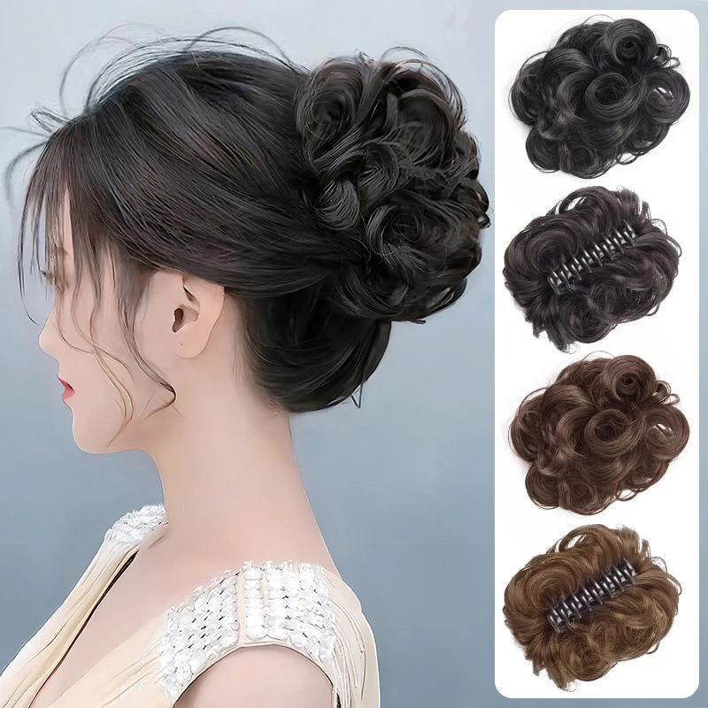 New-Synthetic Hair Bun Lifelike Messy Curly Wig Flower Bud Gripping Clip Elastic False Hair Pieces High Temperature Silk