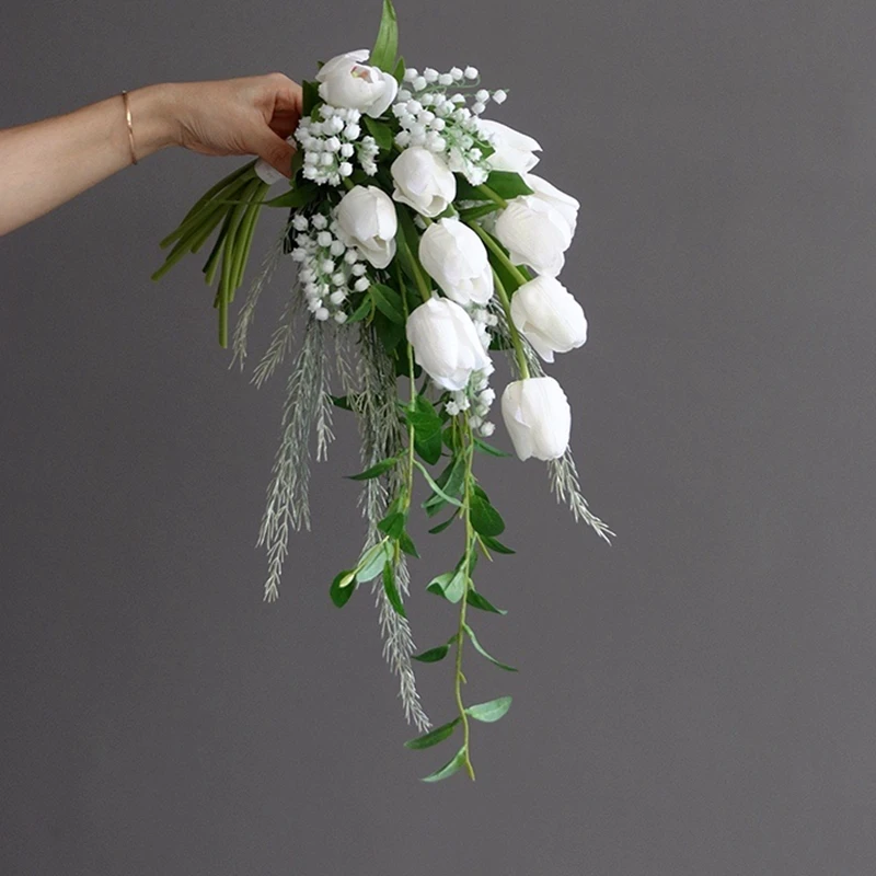 New Cascading Style Wedding Flowers Waterfall lily of the valley tulip holding fake bouquet for marriage Buquê de Noiva