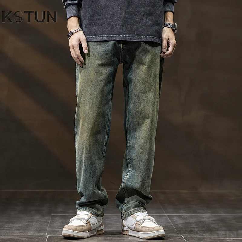 

KSTUN Men's Baggy Jeans Pants Loose Fit Wide Leg Denim Pants Trousers Vintage Retro Green Top Quality Streetwear Straight Cut