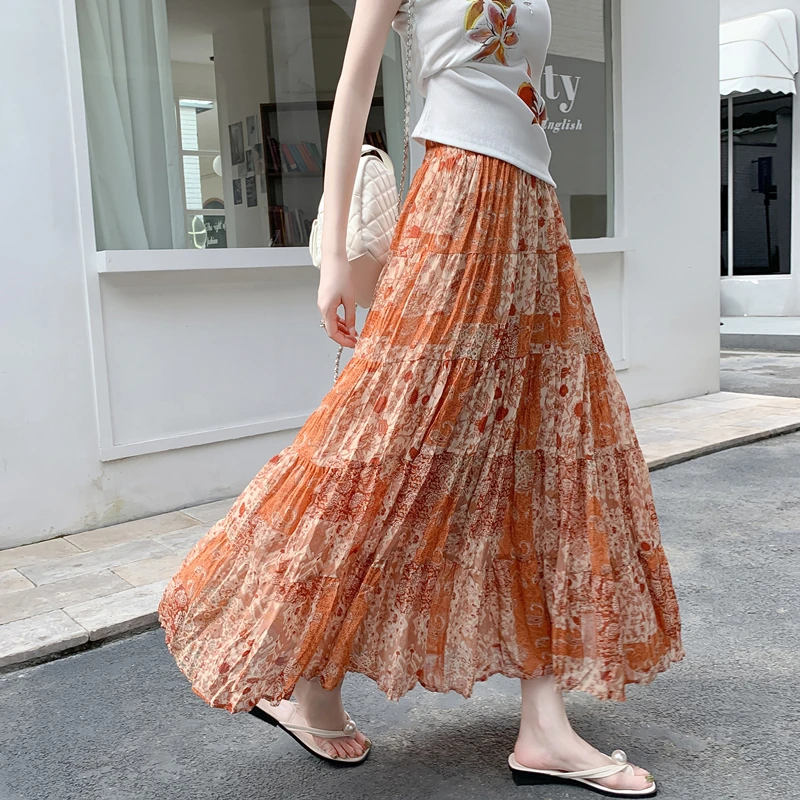 

Bohemian Style Orange Floral Print Chiffon Pleated Maxi Skirt High Waist Slimming A-Line Skirt Polyester Fiber Midi Skirt