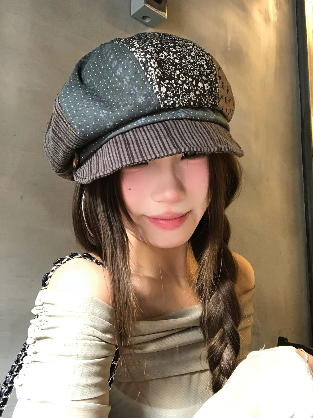 Retro Floral Stripe Splicing Beret Hat Women's Summer Thin Face Slimming Octagonal Versatile Painter's Cap Casual round Top