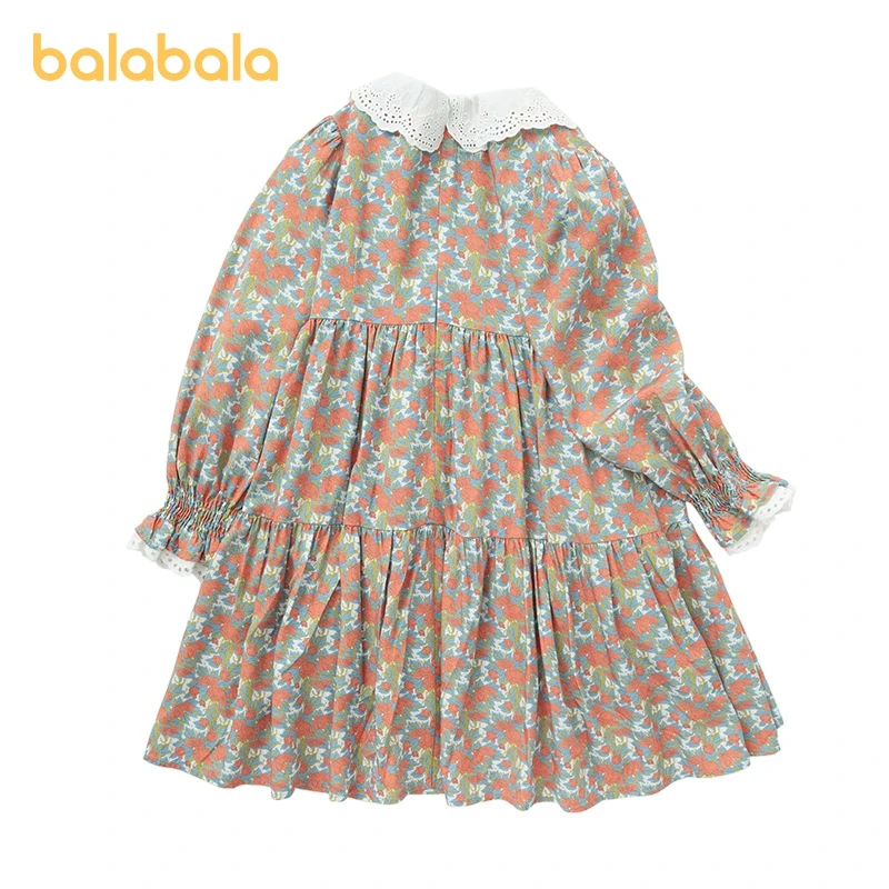 Balabala Children Dress Girls 2024 Spring Summer New Dresses Children Preteen Teenage Lace Collar Long-Sleeved Vintage Dresses