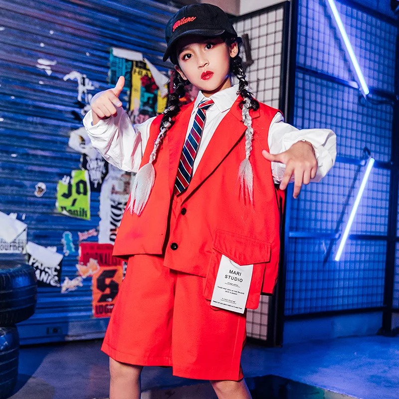 Outfit Boys Concert Festival Clothing Red Vest Children Hip Hop Dance Costume Catwalk Clothes For Girls Jazz Performance