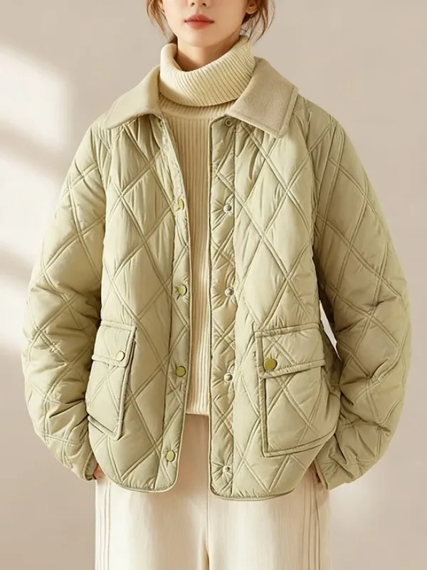 

Loose Fit Cotton Quilted Jaet with Flap Collar Diamond Pattern Small Fraance Sle Women's Winter Coat Thiened Long Sve