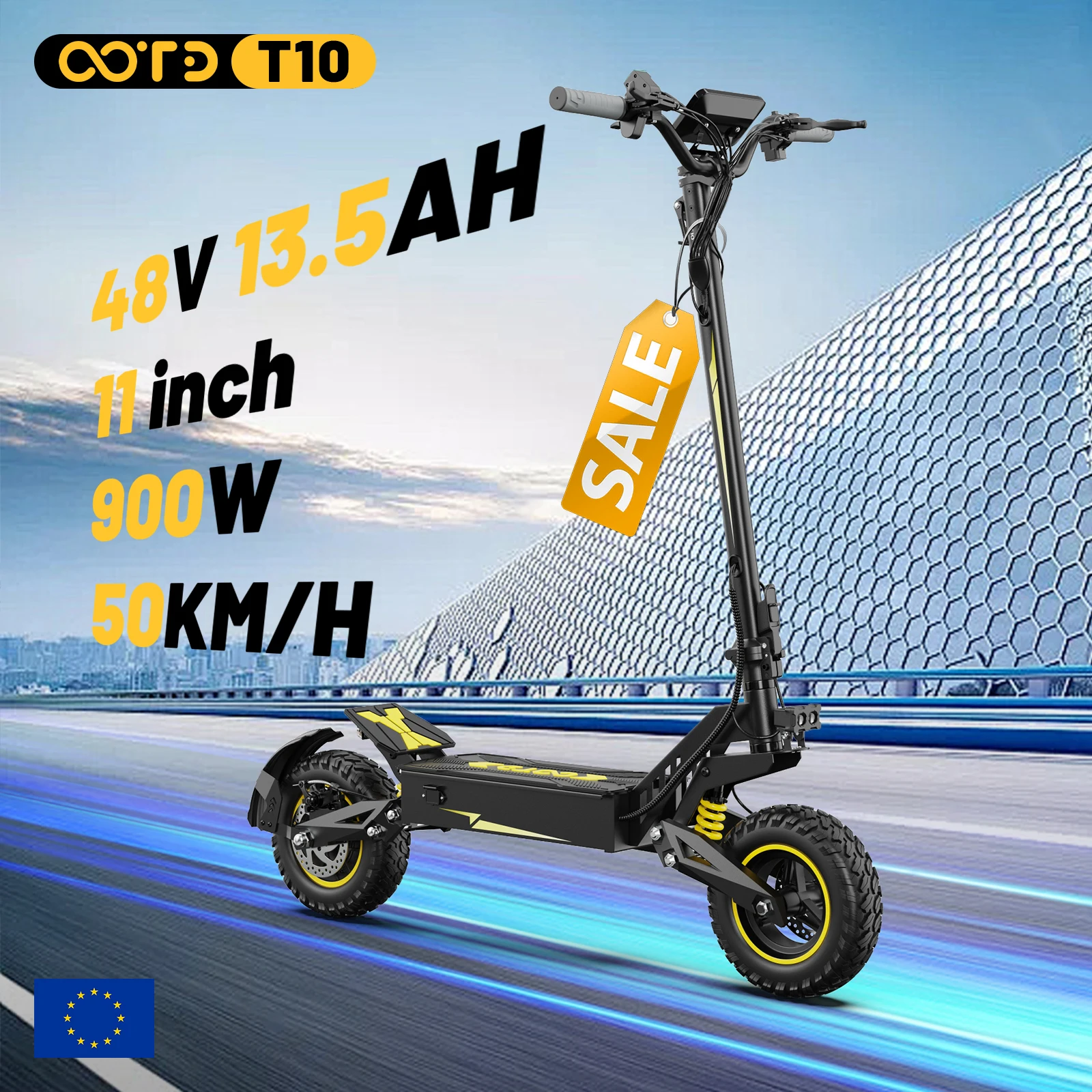 OOTD T10 Elektroroller für Erwachsene 900W Spitzenleistung 48V 13,5Ah Akku 11 Zoll Räder 60km Reichweite 50km/h