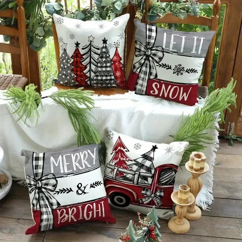 Juego de 4 piezas, fundas de almohada con temática navideña estampadas de un solo lado, disponibles en varios tamaños para
