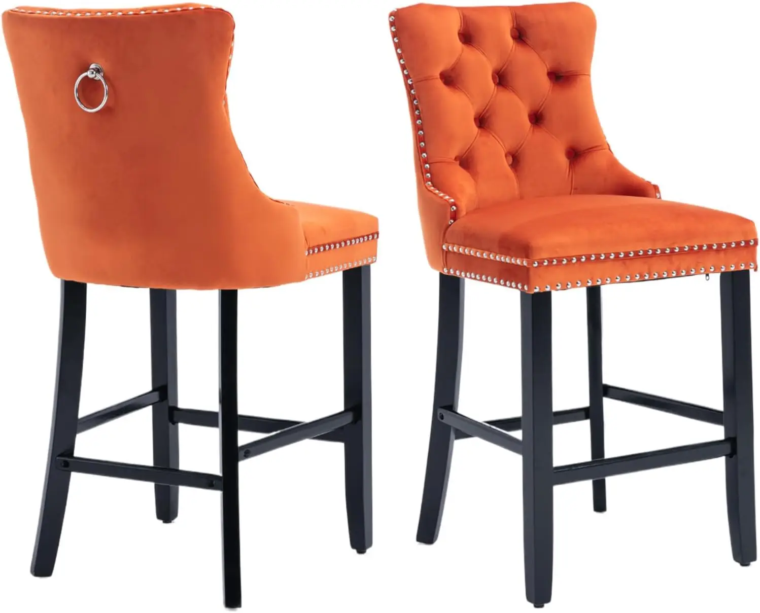Conjunto de 2 bancos de bar de veludo com encosto, pernas de madeira, anel de metal, altura de balcão (laranja)