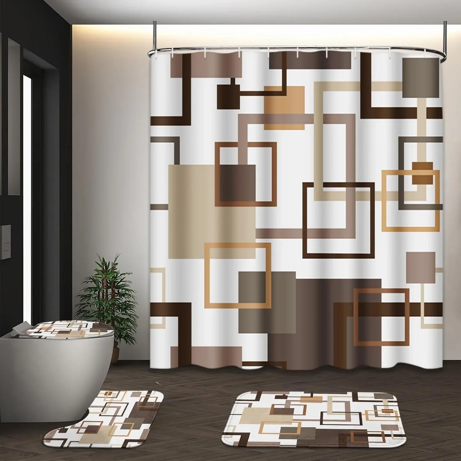 

4pc Geometric Brown Shower Curtain Set with Toilet Cover and Non-slip Rug Abstract Square Four-piece Bathroom Shower Curtain Set