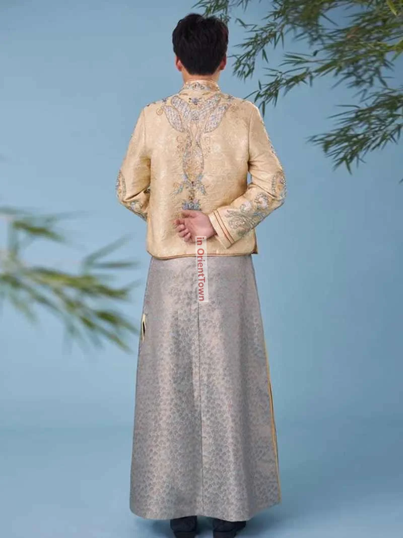 العريس الشمبانيا اللون Xiuhe الملابس تظهر الرجال الذهب زي الصينية العريس الزفاف التطريز معطف + تانغ نمط ثوب رداء #5