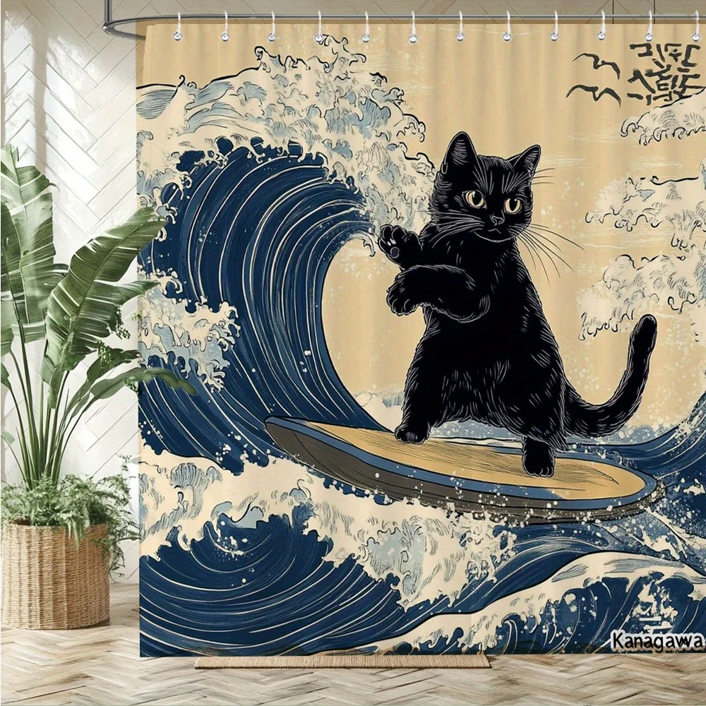 

Cat Surfing Shower Curtain Great Wave Design Japanese Art Bathroom Decor Waterproof Curtains Anime Home Style