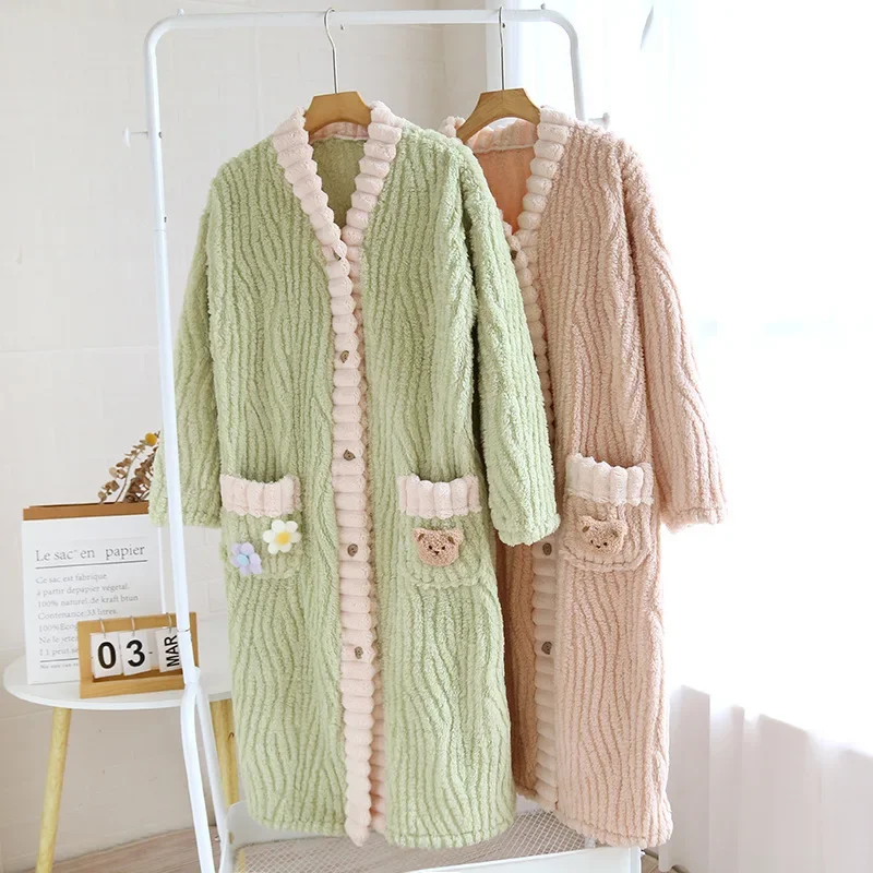 

Flannel Bathrobe Night Gowns Bride Robe For Wedding Warm Robe Winter New Long Sleeve Thickened Sleeping Sleepwear Women