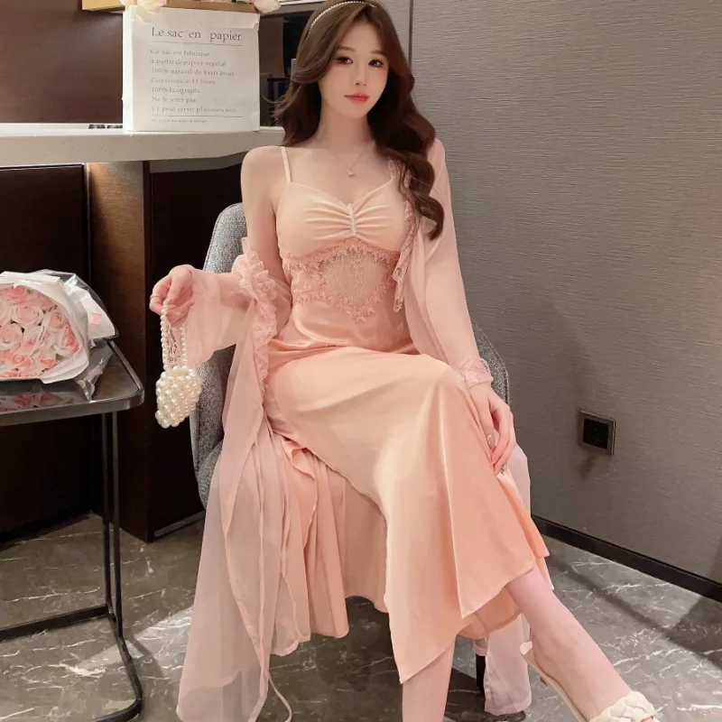 Bride Kimono Bathrobe Gown Suit Female Twinset Robe Set Lace Chemise Nightgown Summer Mesh Satin Sleepwear Nightdress Home Wear