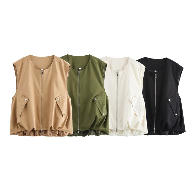 Round Neck Zip Up Lightweight Sleeveless Vest Adjustable Drawstring Hem Cargo Snap Pocket Loose Casual Outer Waistcoat 260602