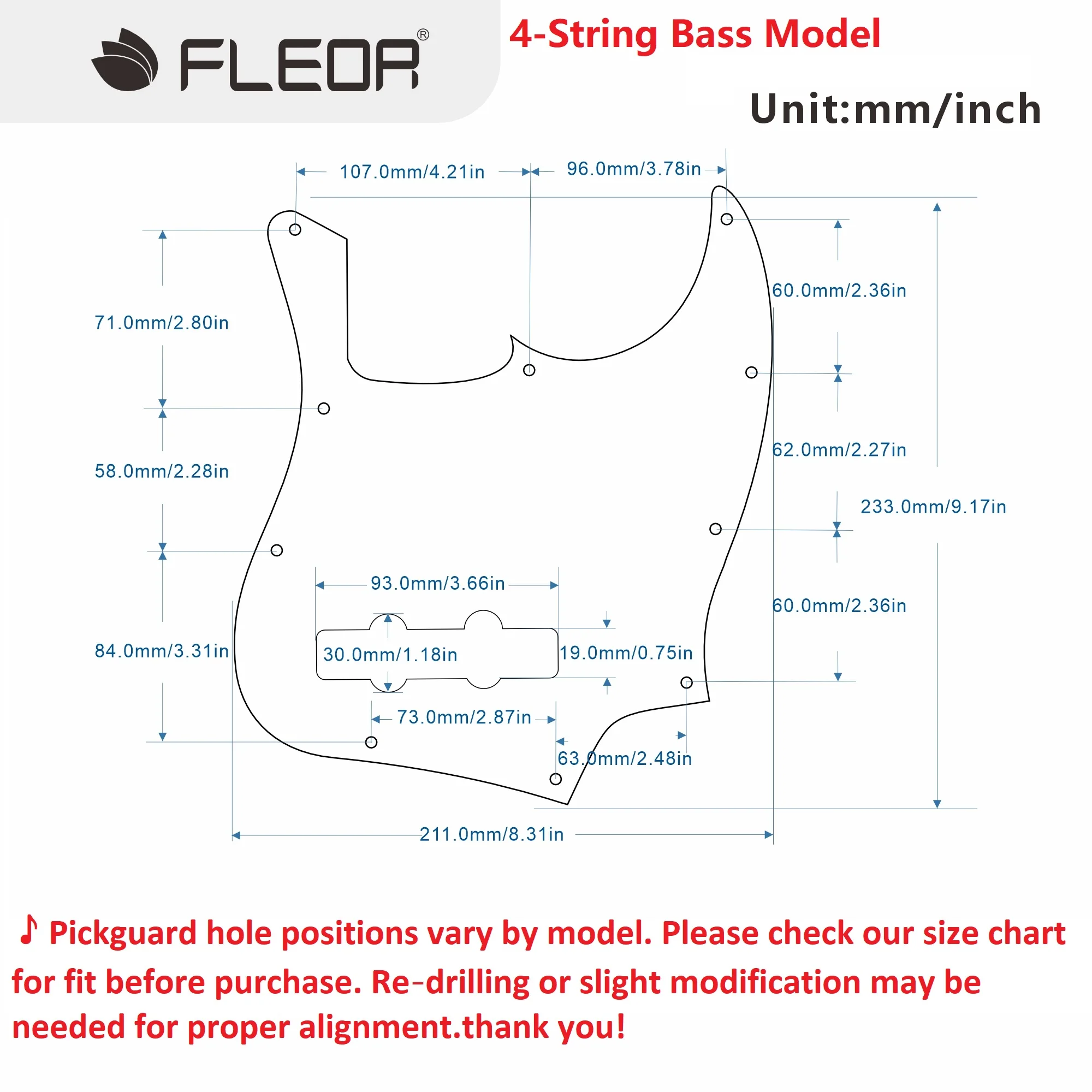 FLEOR 1 Stück 10-Loch-Bass-Schlagbrett Jazz JB Gitarren-Kratzplatte und Schrauben für 4-saitigen Bass – Detail 1