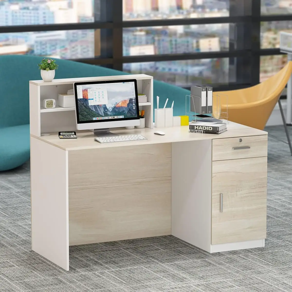 Reception Desk, Front Counter Desk With Lockable Drawer & Open Shelf, Reception Table Wooden Computer Desk For Office Reception