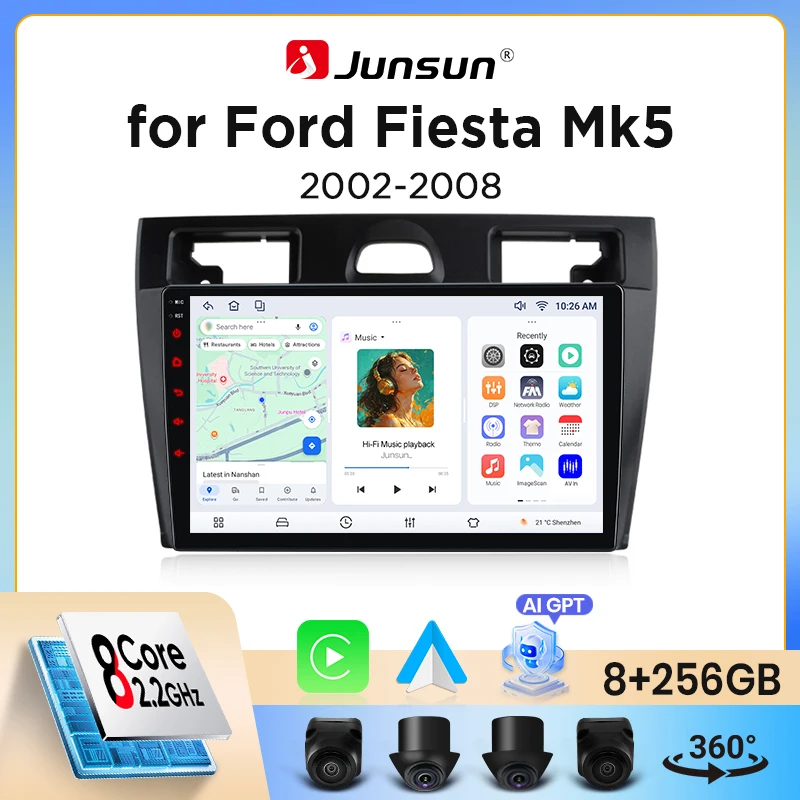 Junsun Wireless CarPlay Android Auto Autoradio für Ford Fiesta Mk5 (JH/JD) 2002-2008 mit integriertem Lüfter, Android GPS-Navigation, Multimedia-Player, WiFi, DSP, RDS, BT, SWC, IPS-Touchscreen,