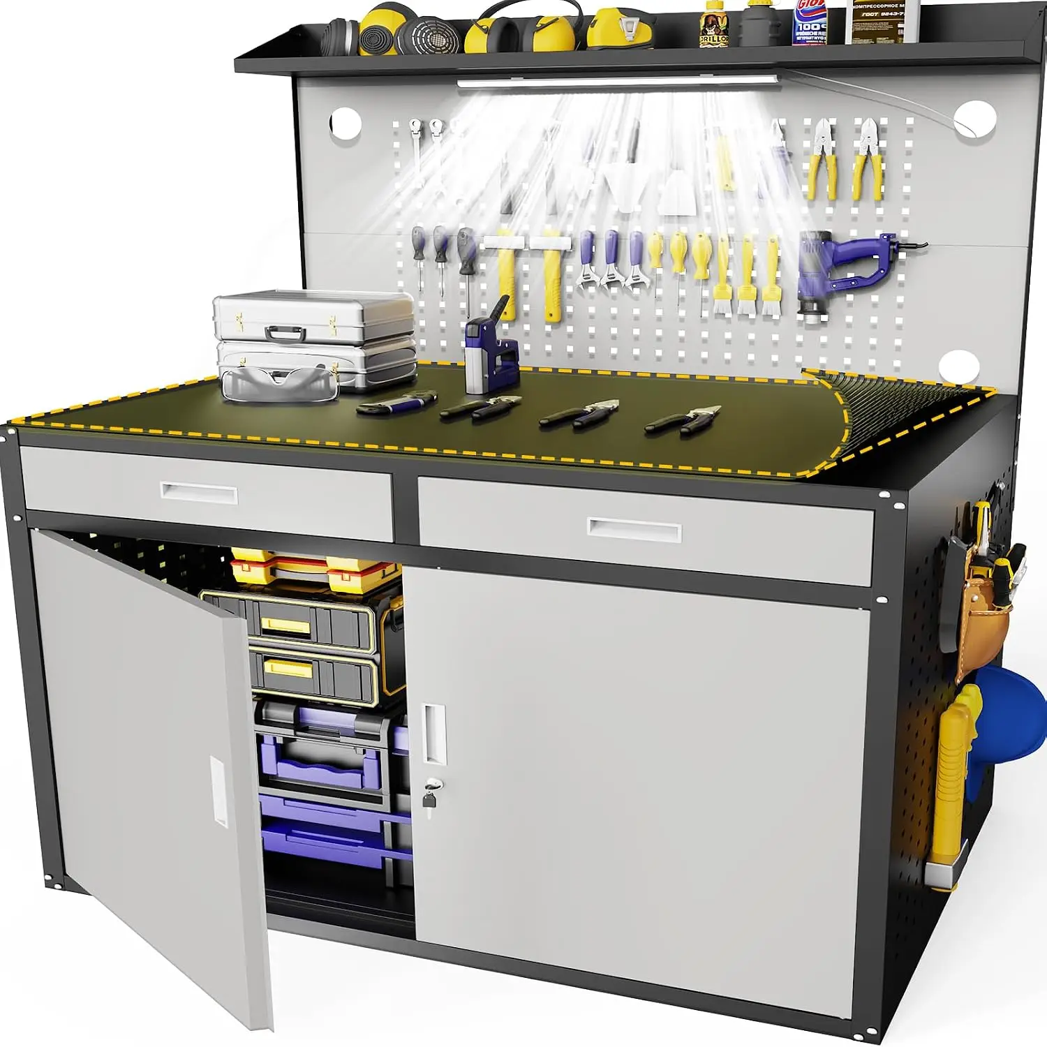 48 Inch Workbench Heavy Duty 2500 Lbs Capacity Garage Workshop Shop Work Table Drawers Storage Light Pegboard