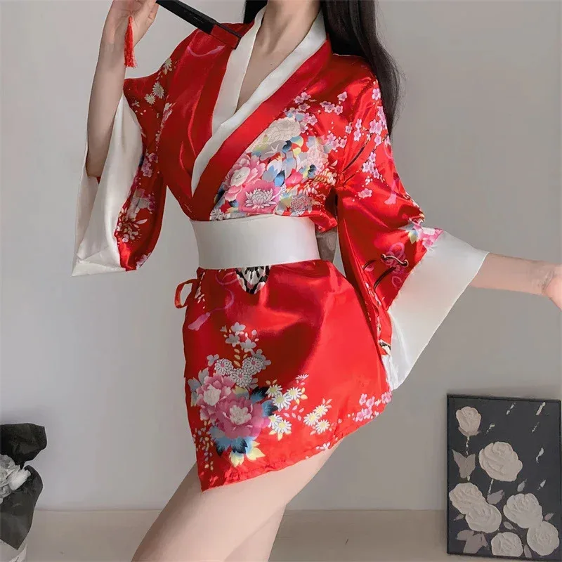 2025 11 مجموعة الزي المثيرة الجيشا كيمونو رداء المواد الإباحية مثير تأثيري ثوب النوم القوس تجديد منامة الاصطناعية Cl