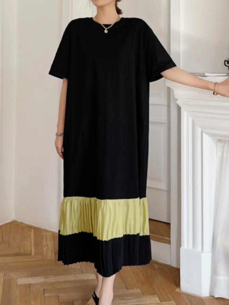 Zomer Nieuwe Geplooide T-shirt Jurk Vrouwen Korte Mouw Jurk Kleur Zwart Eenvoudig Ontwerp Grote Maat Kleding Dames Jurken vestidos