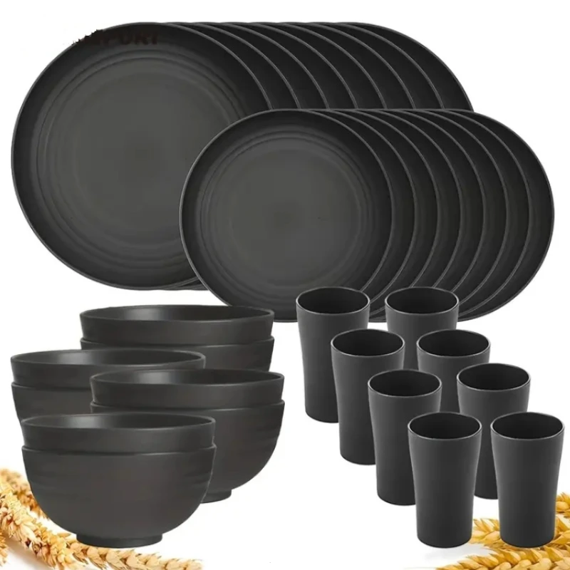 32 pieces black kitchen plastic wheat straw tableware set, a modern tableware set that is not easy to break