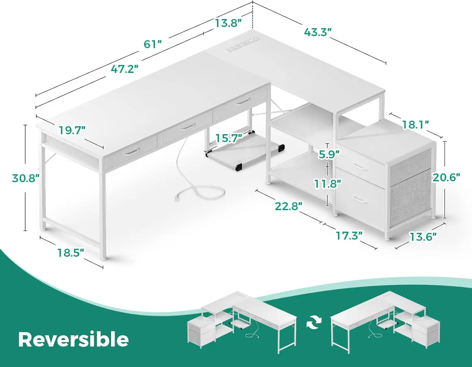 Bureau d'ordinateur en forme de L avec tissu, armoire à fichiers, poste de travail réversible, prises de courant, égouts de proximité, bureau à domicile, blanc, 61 po