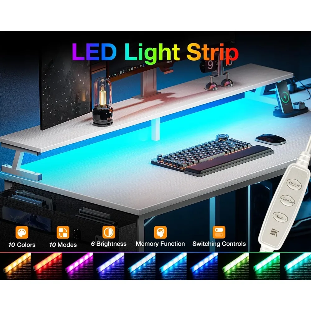 58 Inch Gaming Desk with USB Charging Ports and LED Lights, Reversible L Shaped Computer Desk with Storage Shelves & Monitor