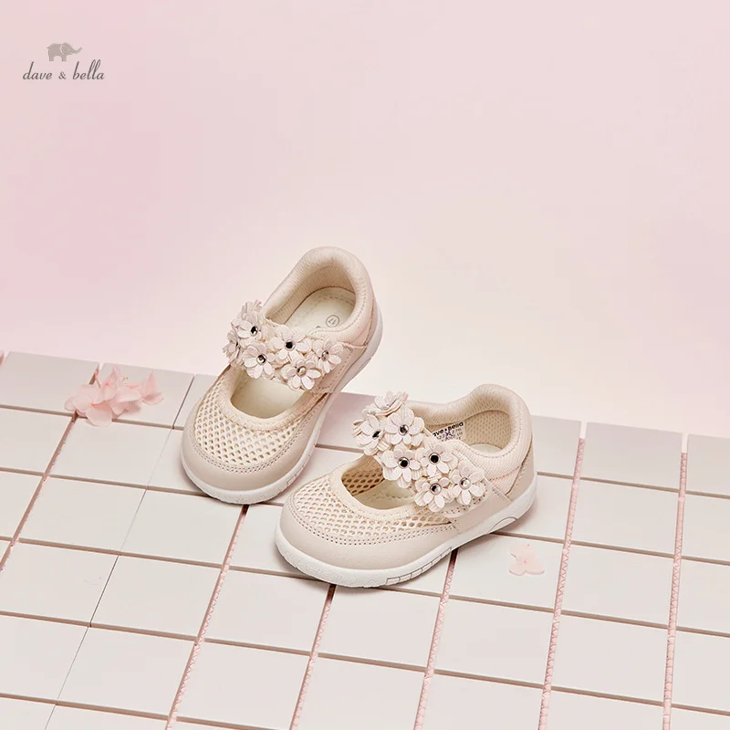 Dave Bella Girls Sandals 2024 Summer New Style Breathable Mesh Soft Sole Princess Flat Shoes Baby Girl Flowers Sandals DB2242142