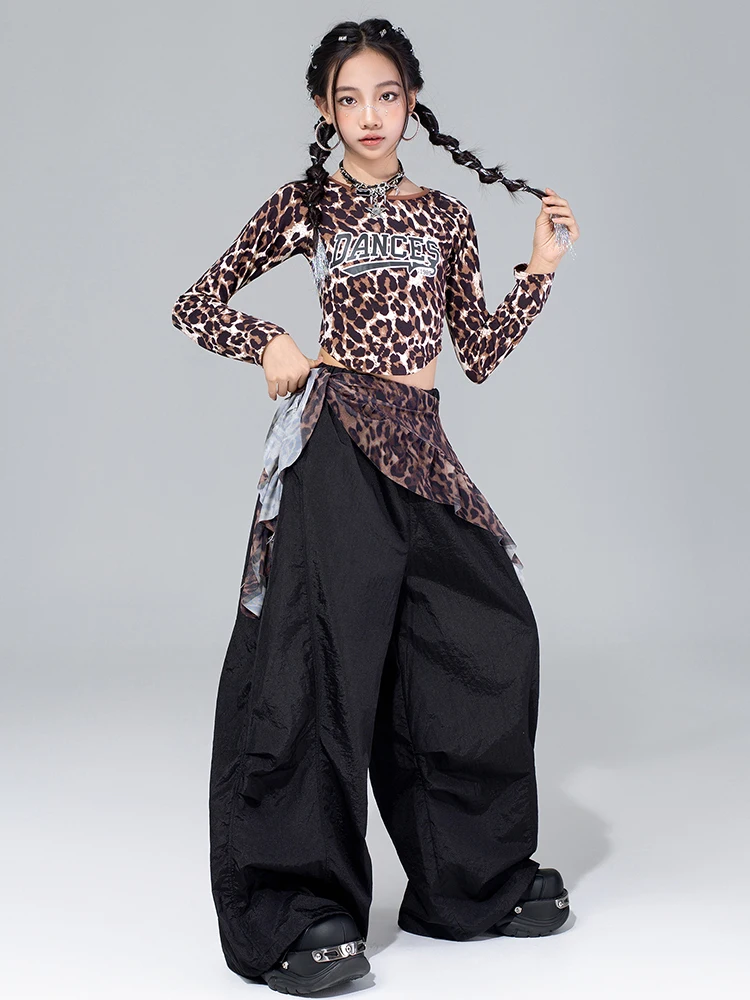 Costume da ballo jazz per ragazze Spettacolo scolastico per bambini Abbigliamento da spettacolo Stampa leopardata Crop Top Pantaloni Shuffle Kpop Outfit Streetwear 4572