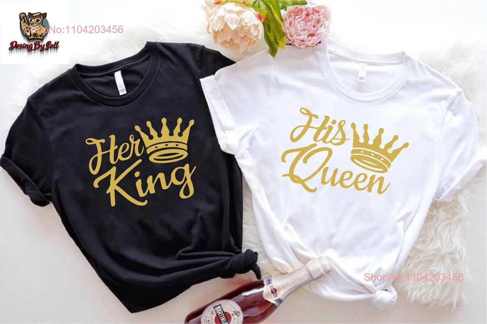 Her King His Queen T Shirt Valentine Couple Matching Valentines Love and Hers Wifey Hubs Honeymoon long or short sleeves