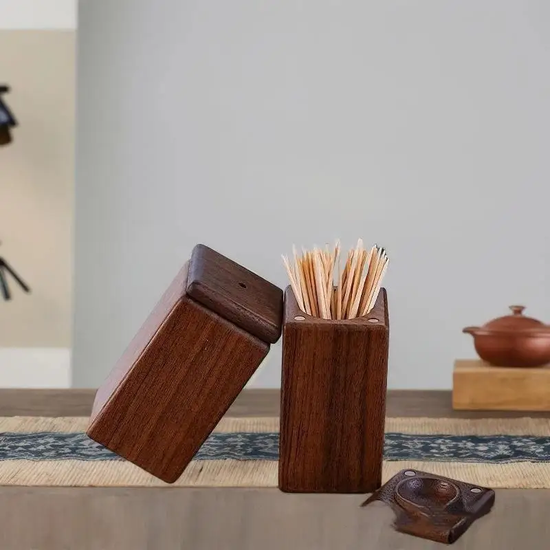 【YA】Eco-friendly Black Walnut Wood Toothpick Dispenser Magnetic Closure Wheat Material Toothpick Holder for Cafe Use